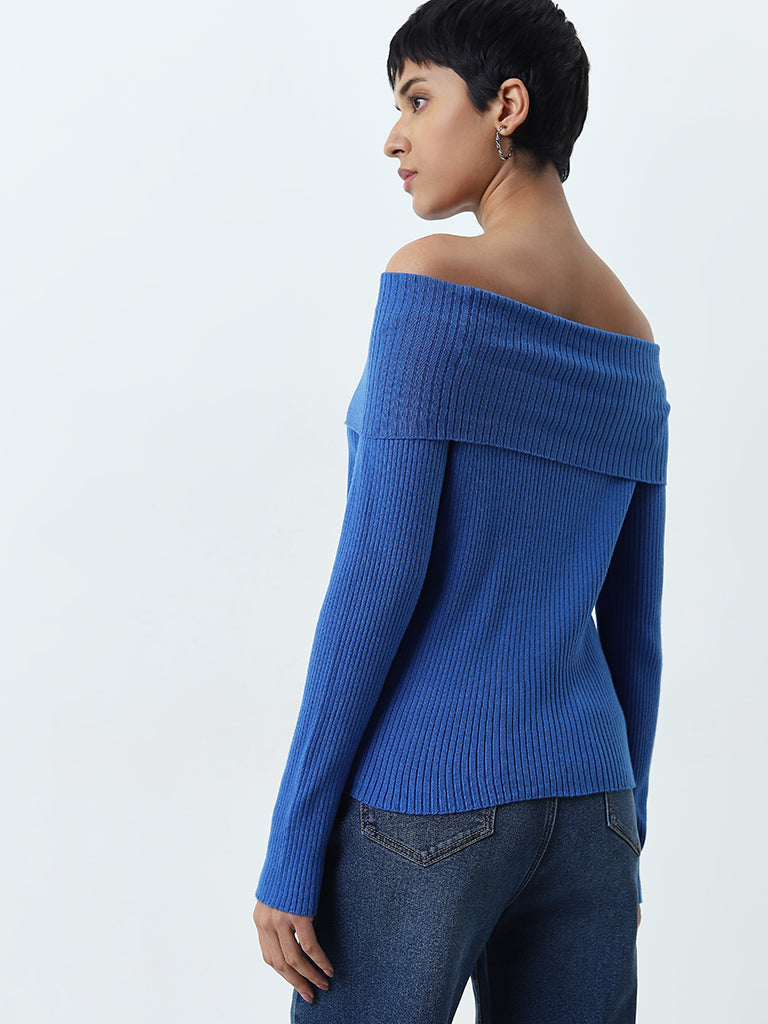 LOV Blue Ribbed-Textured Top