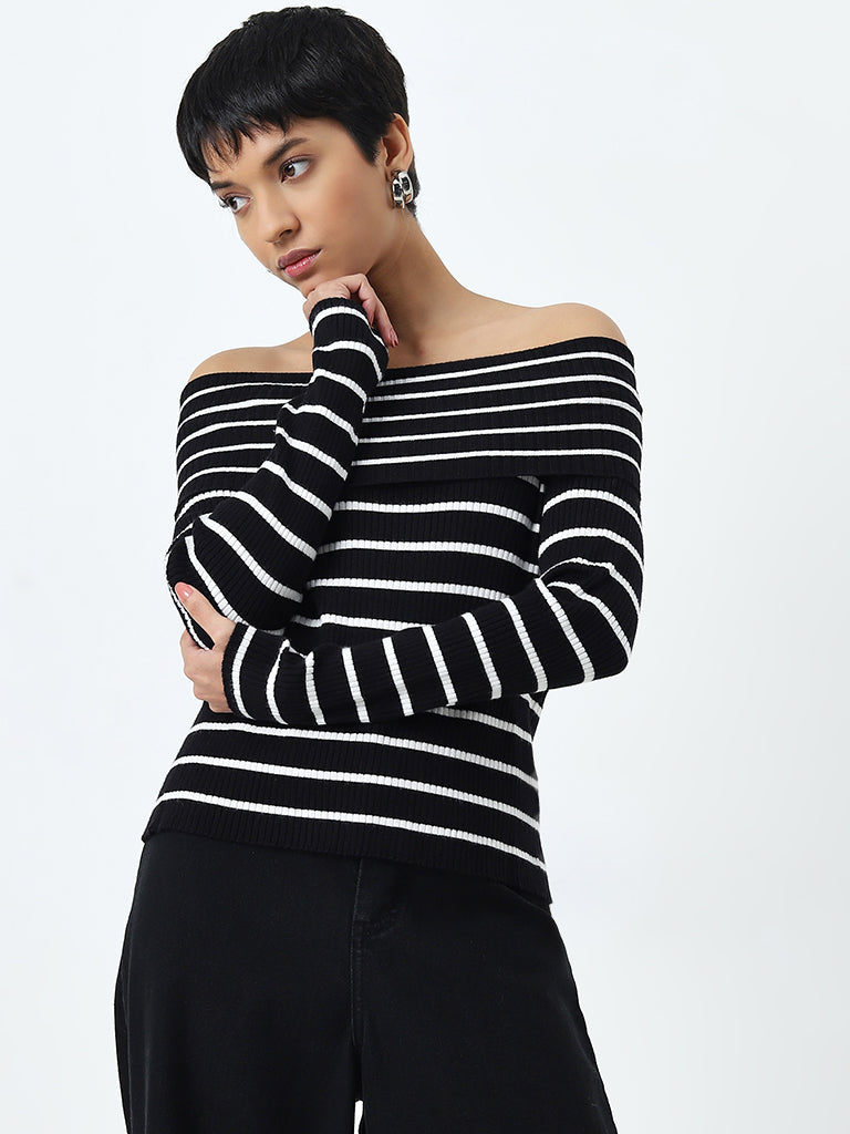 LOV Black Striped Off-Shoulder Top