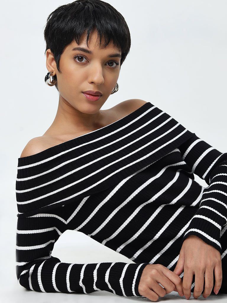 LOV Black Striped Off-Shoulder Top