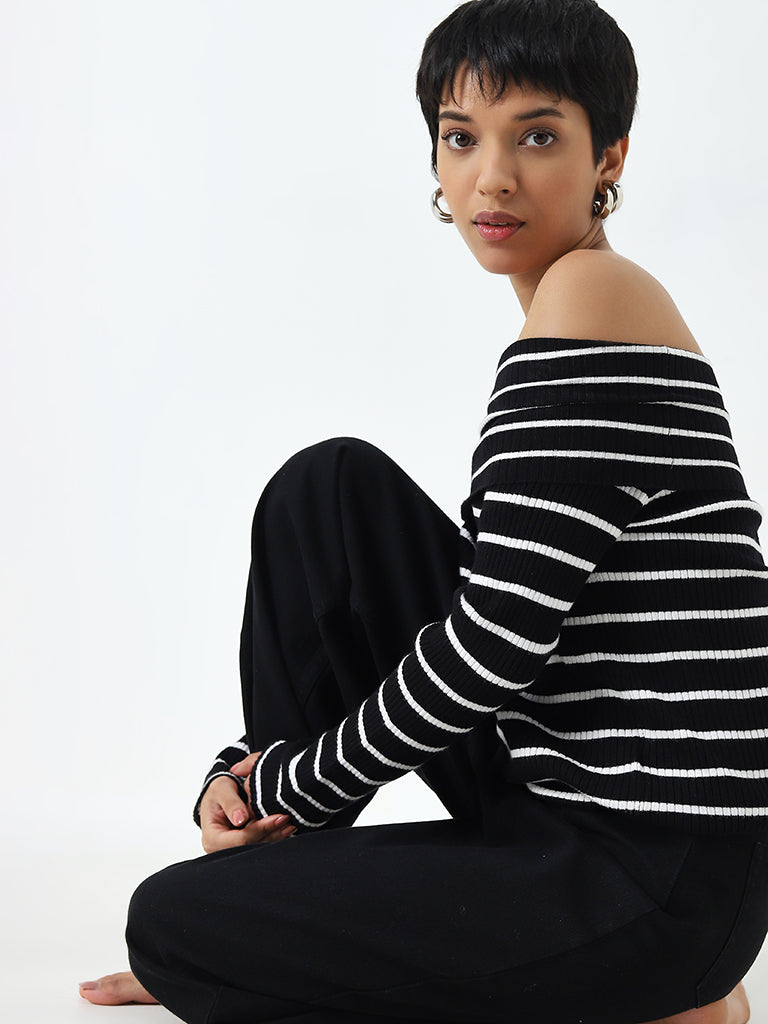 LOV Black Striped Off-Shoulder Top