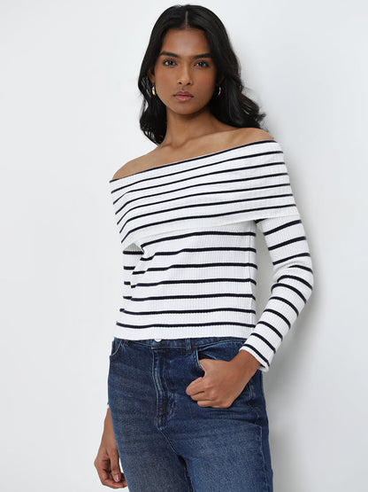 LOV White & Black Striped Off-Shoulder Top