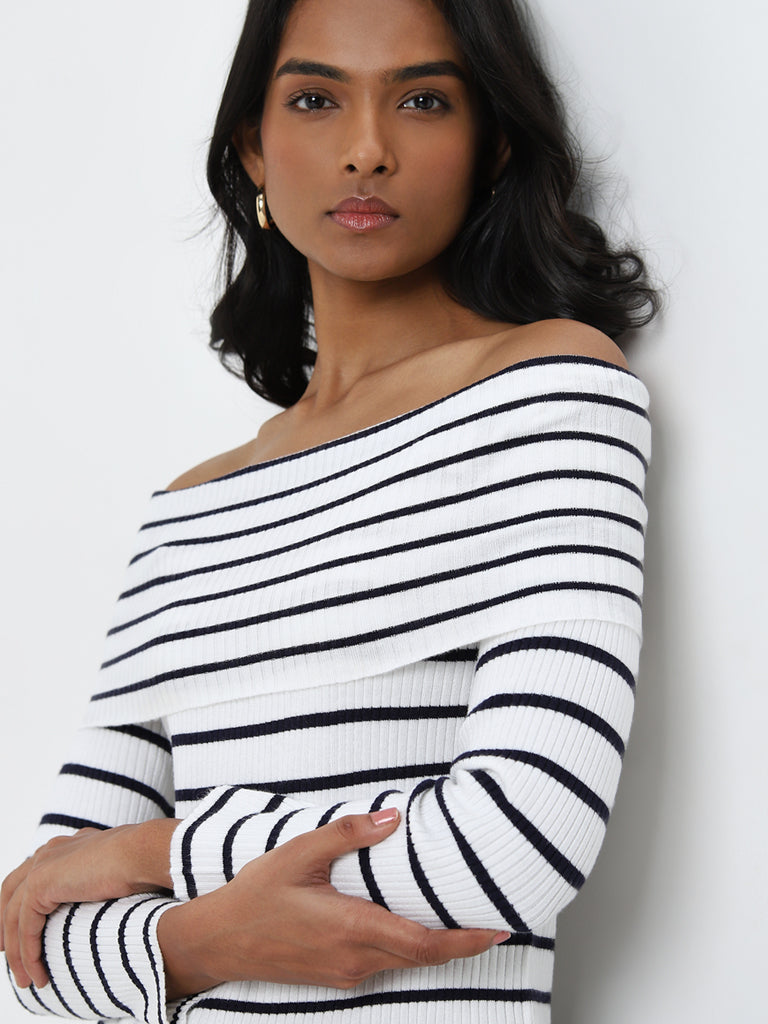 LOV White & Black Striped Off-Shoulder Top