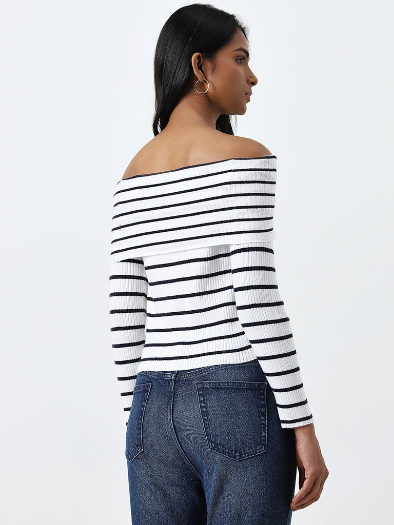 LOV White & Black Striped Off-Shoulder Top