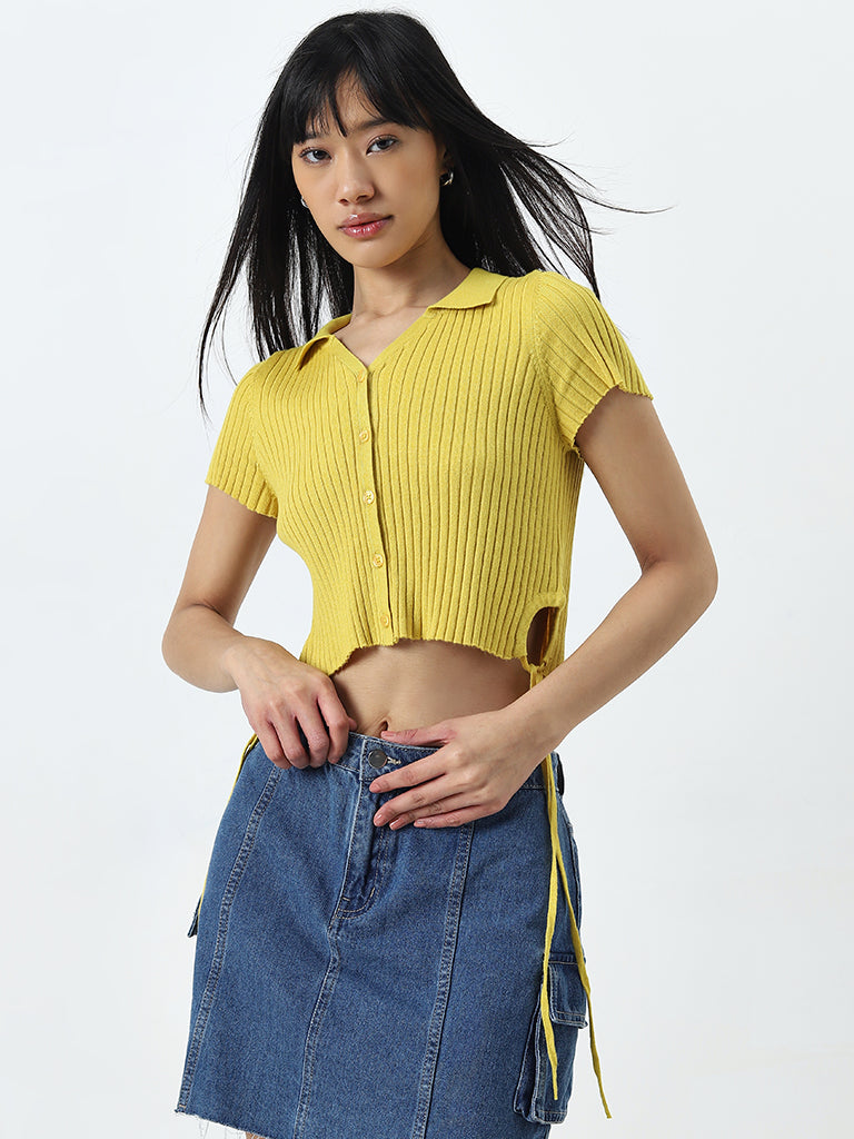 Nuon Yellow Ribbed-Textured Cotton Blend Top