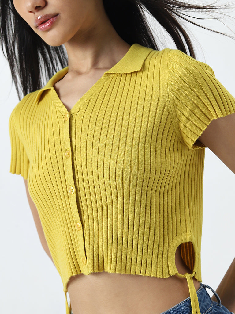 Nuon Yellow Ribbed-Textured Cotton Blend Top