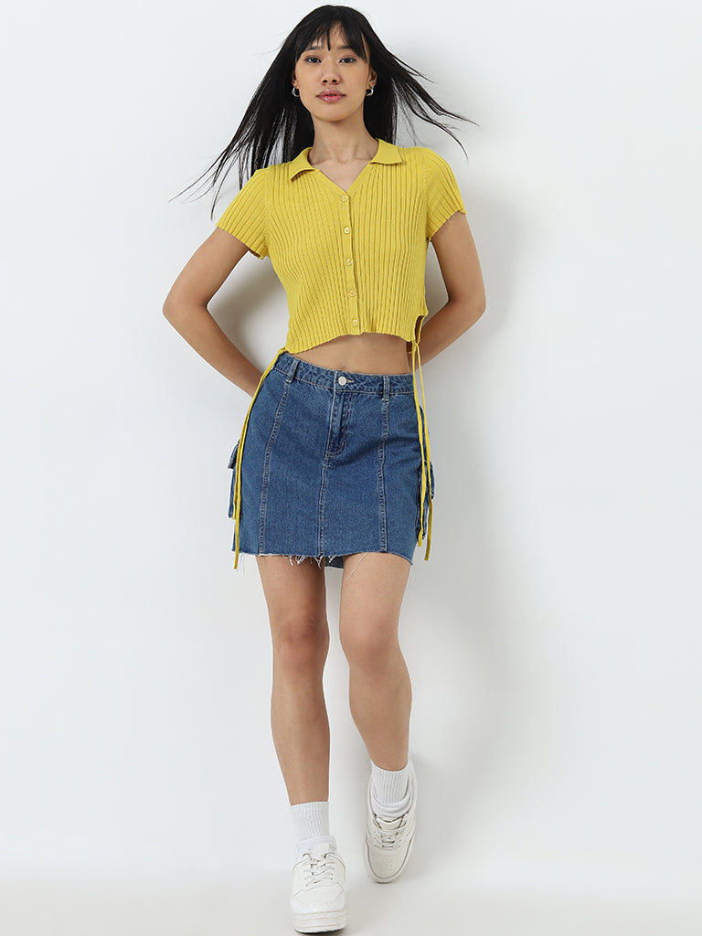 Nuon Yellow Ribbed-Textured Cotton Blend Top