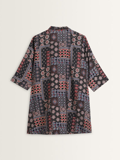 Diza Black Abstract Printed High-Low Tunic