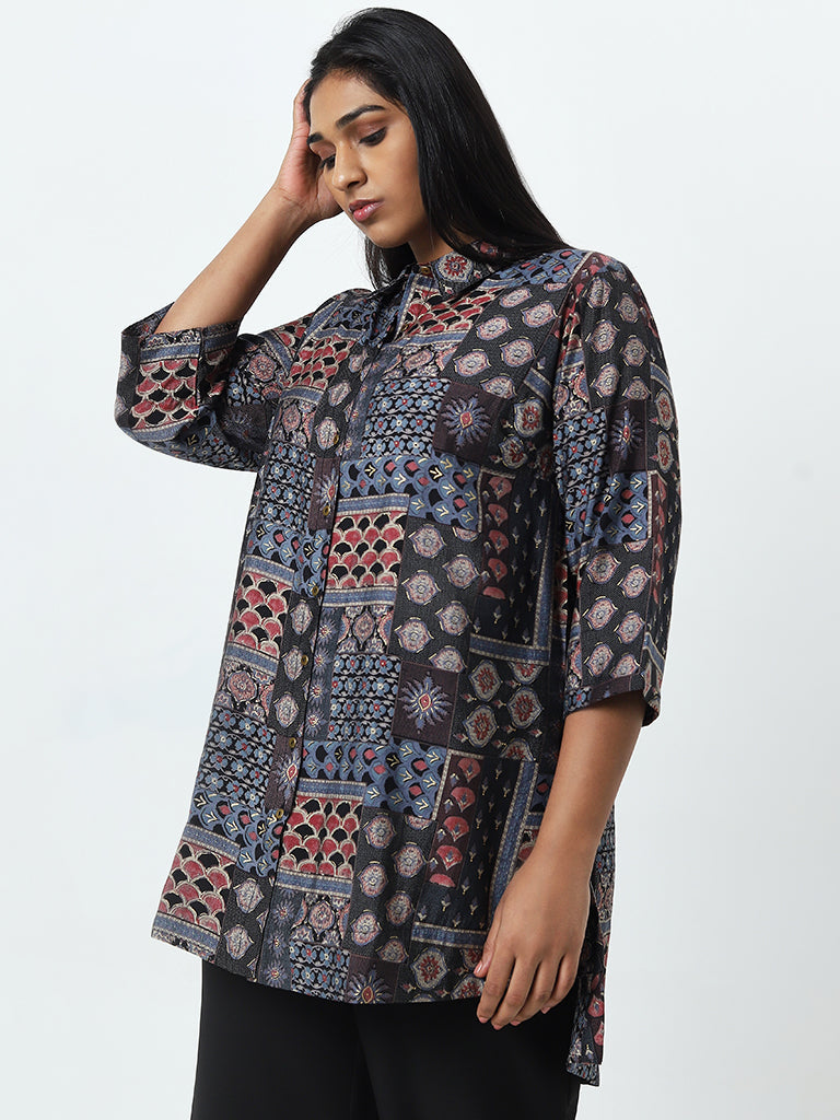 Diza Black Abstract Printed High-Low Tunic