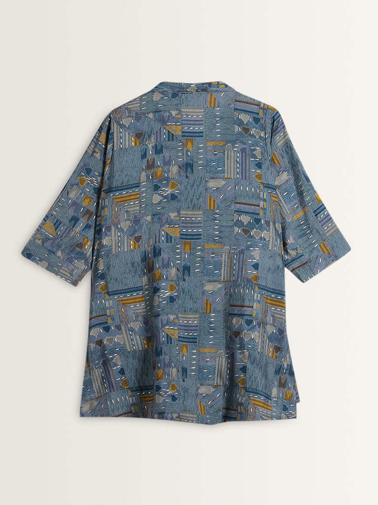 Diza Blue Ikat-Printed High-Low Tunic