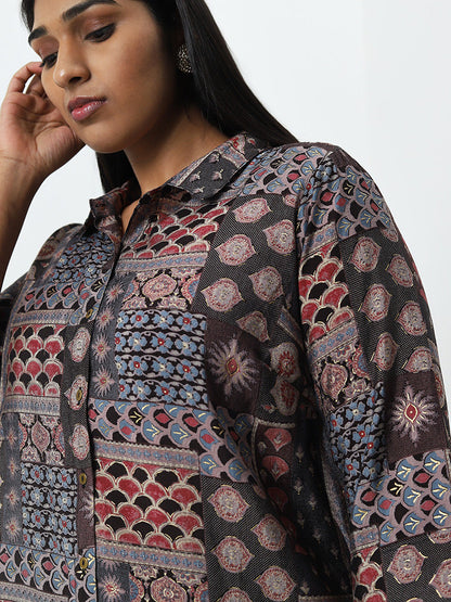 Diza Brown Abstract Printed High-Low Tunic