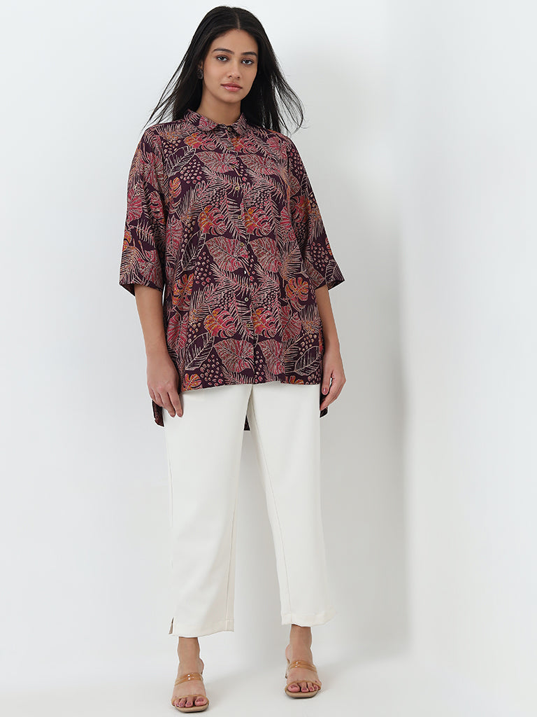 Diza Purple Leaf Printed Straight Tunic