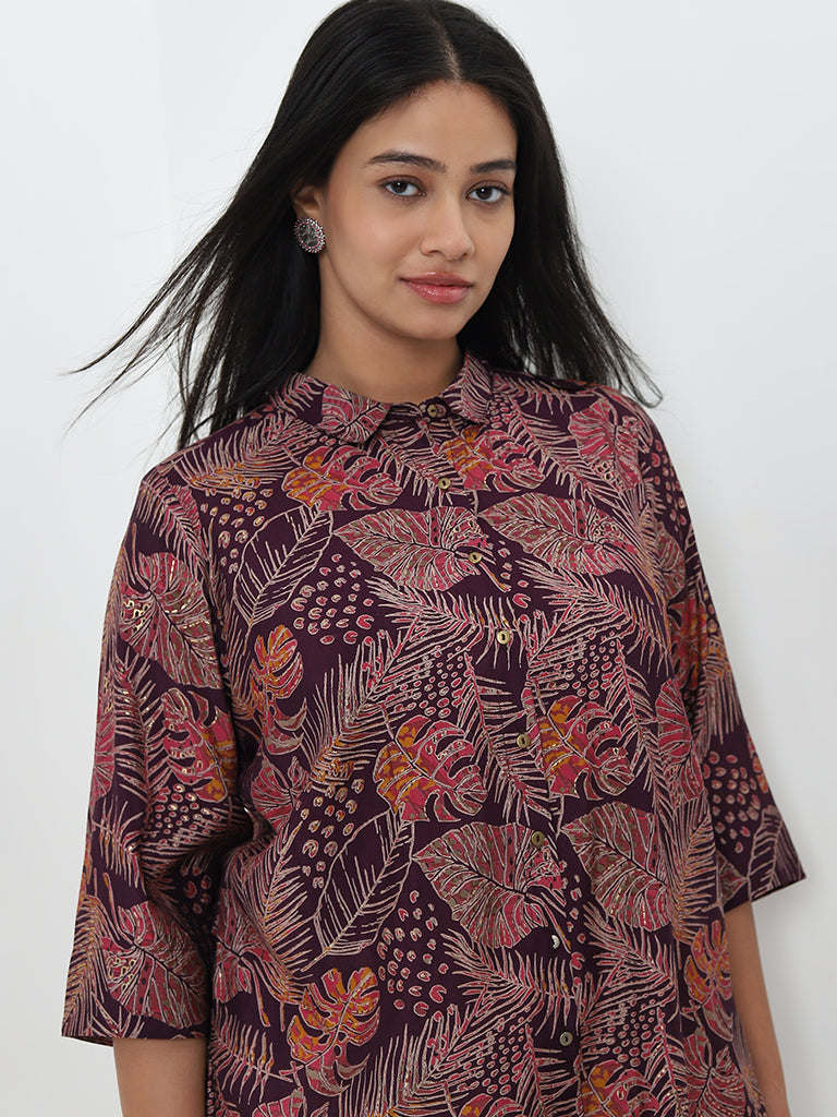 Diza Purple Leaf Printed Straight Tunic