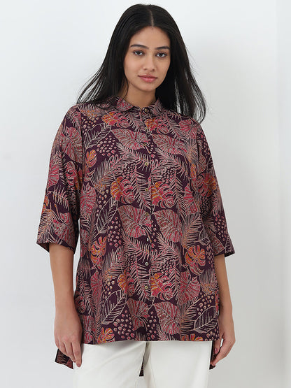 Diza Purple Leaf Printed Straight Tunic