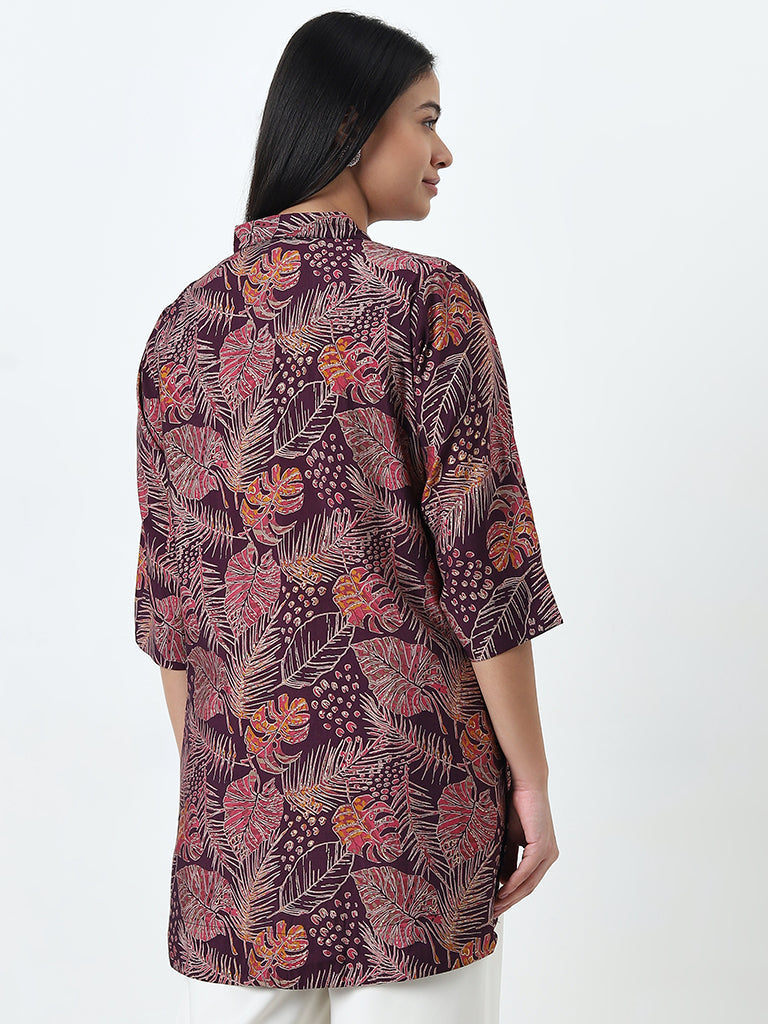 Diza Purple Leaf Printed Straight Tunic