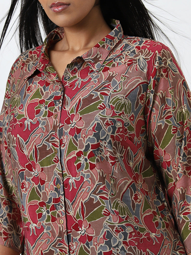 Diza Red Floral Printed Straight Tunic