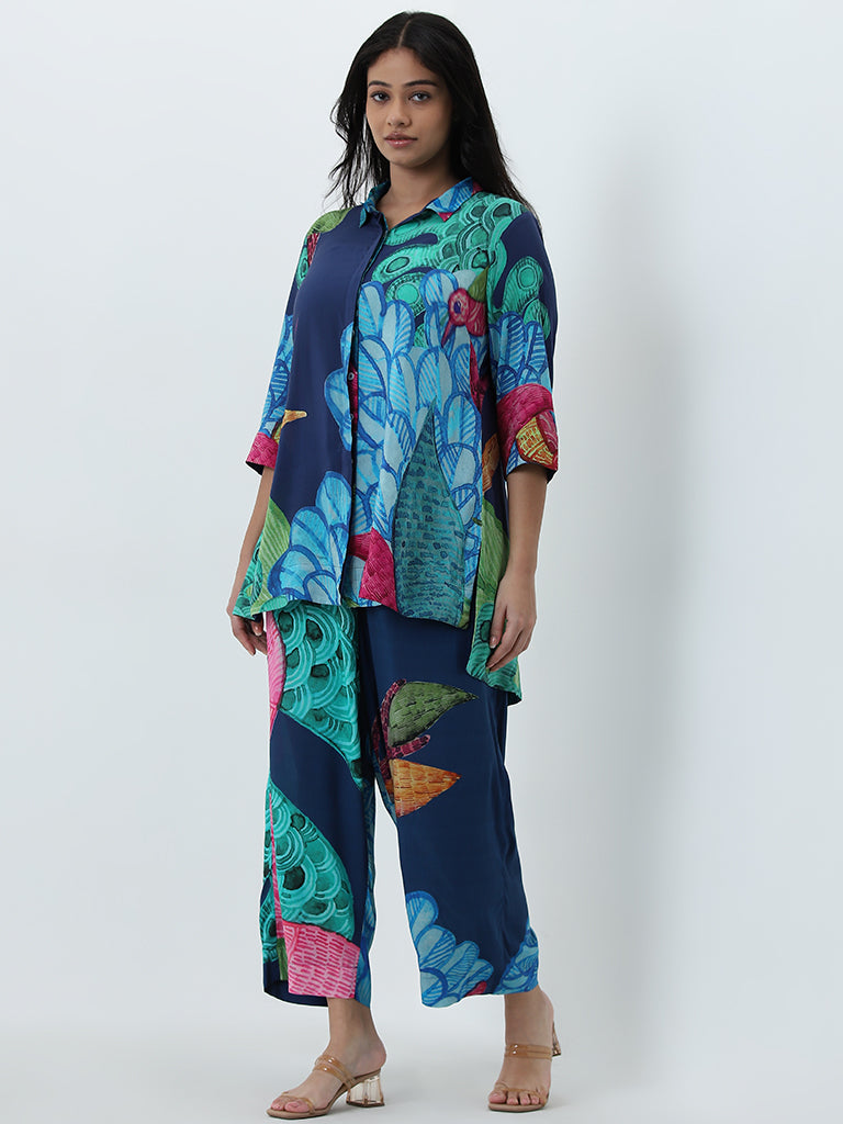 Diza Blue Botanical Design Straight Tunic