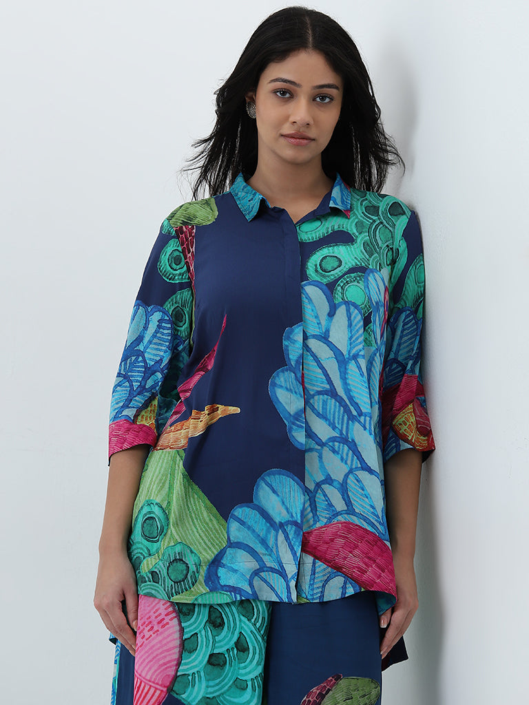 Diza Blue Botanical Design Straight Tunic