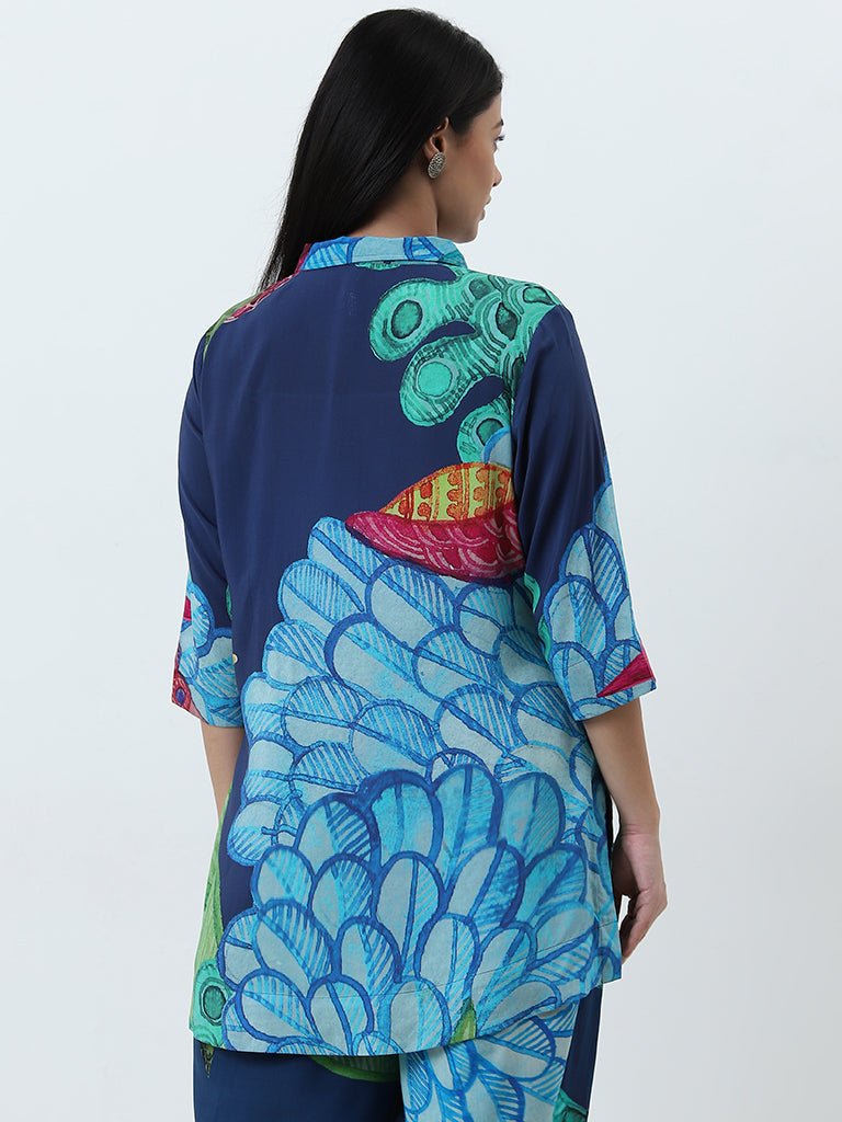 Diza Blue Botanical Design Straight Tunic