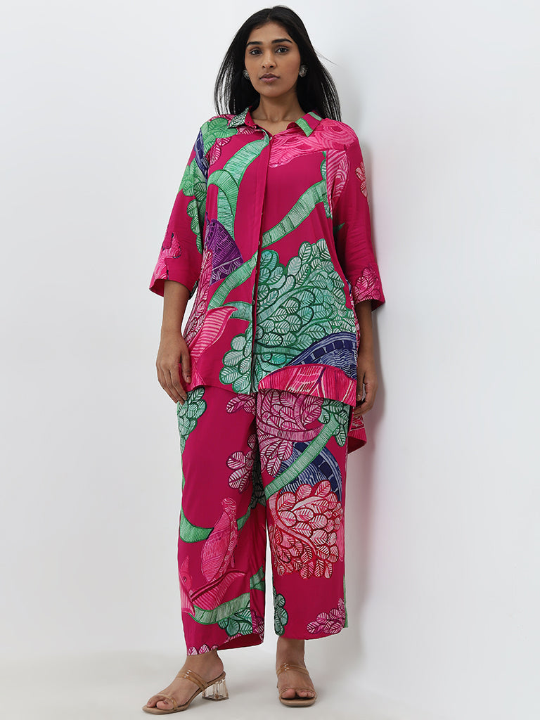 Diza Fuchsia Pink Leaf Design Straight Ethnic Tunic