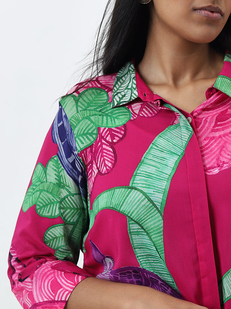 Diza Fuchsia Pink Leaf Design Straight Ethnic Tunic