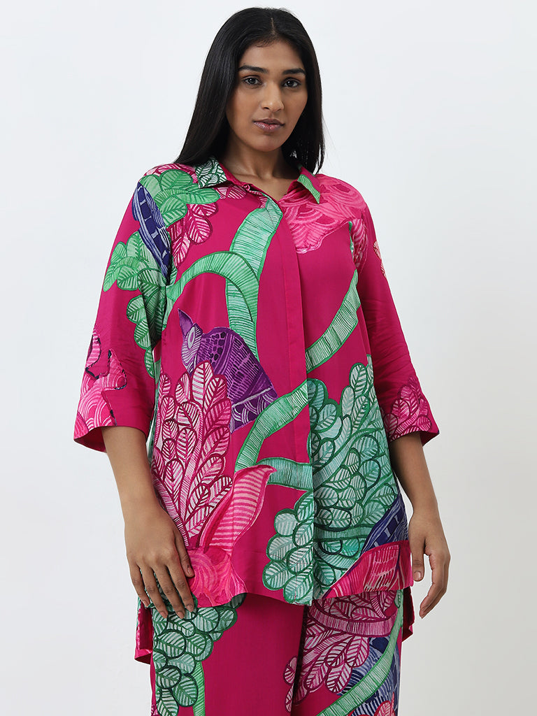 Diza Fuchsia Pink Leaf Design Straight Ethnic Tunic