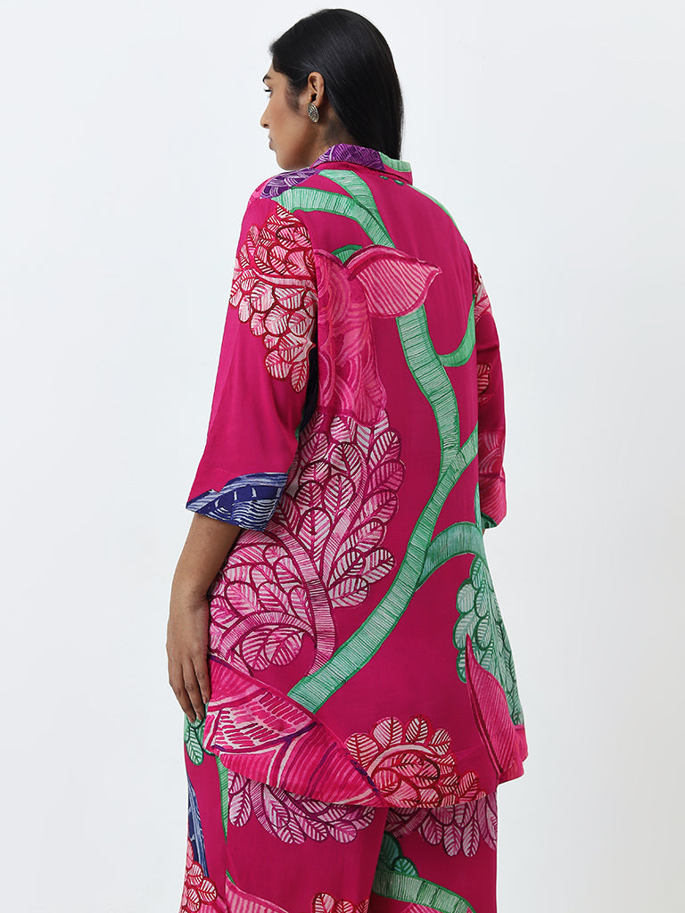 Diza Fuchsia Pink Leaf Design Straight Ethnic Tunic