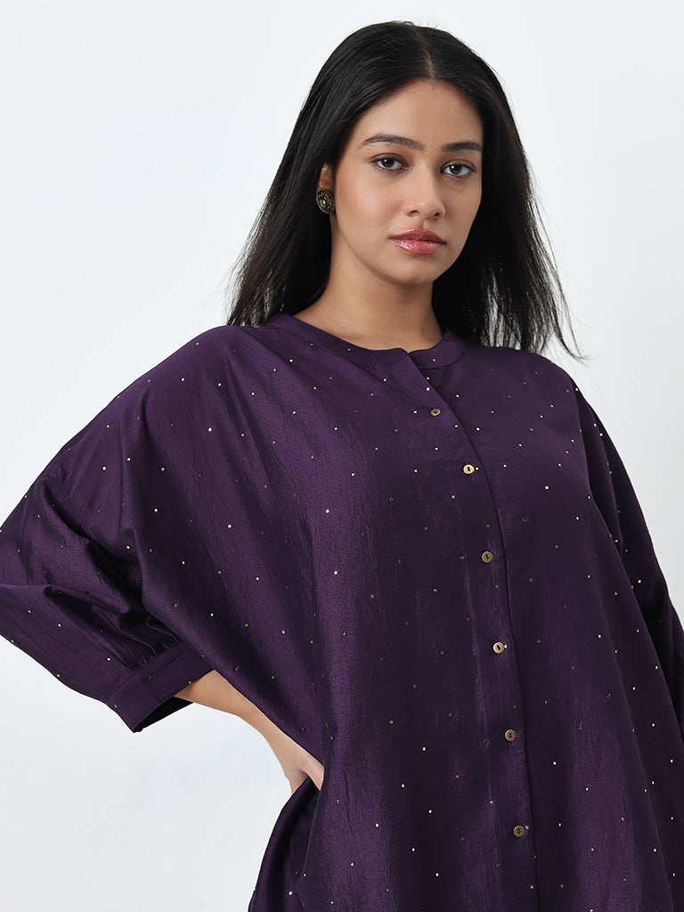 Diza Purple Rhinestone Detailed Straight Kurti