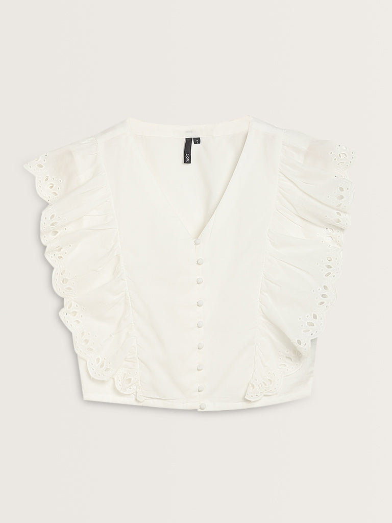 LOV White Schiffli Detailed Cotton Top