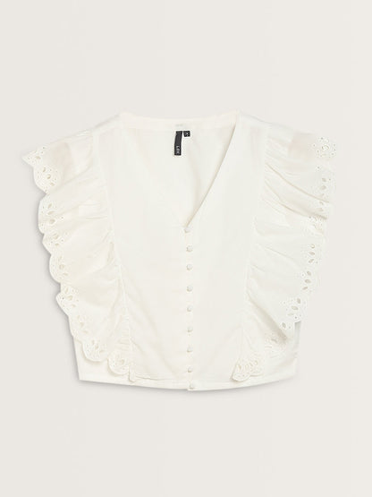 LOV White Schiffli Detailed Cotton Top