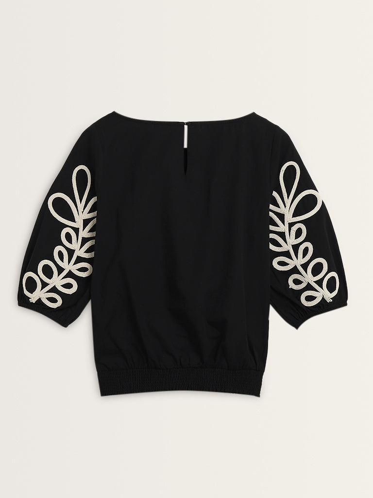 LOV Black Leaf Embroidered Cotton Blouse