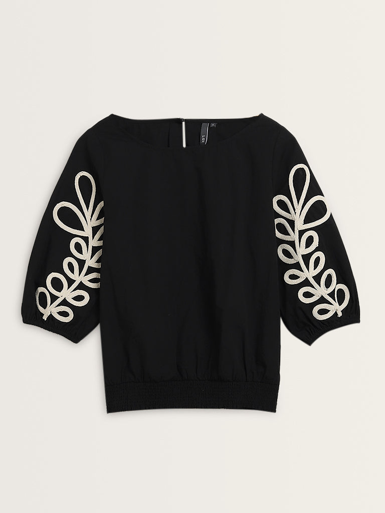 LOV Black Leaf Embroidered Cotton Blouse