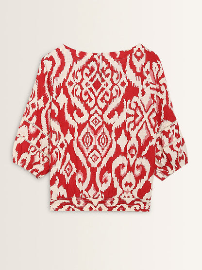 LOV Red Ikat Printed Blended Linen Top