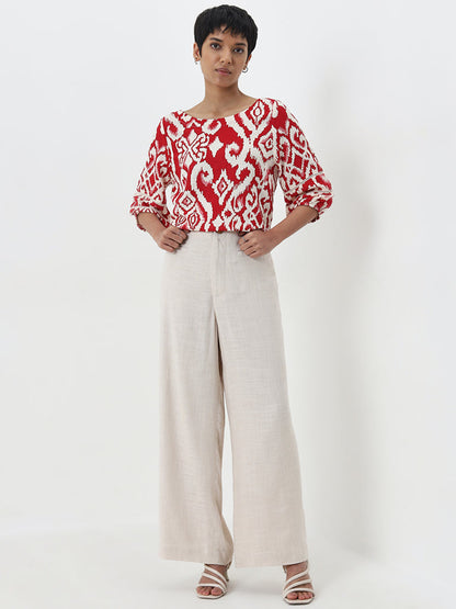 LOV Red Ikat Printed Blended Linen Top