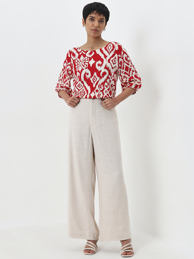 LOV Red Ikat Printed Blended Linen Top