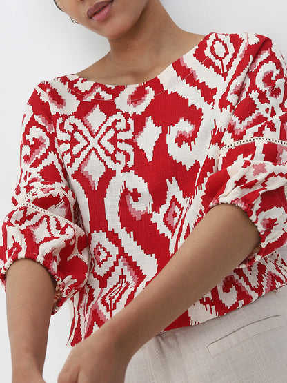 LOV Red Ikat Printed Blended Linen Top