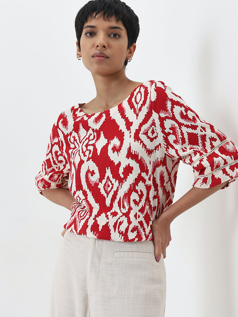 LOV Red Ikat Printed Blended Linen Top