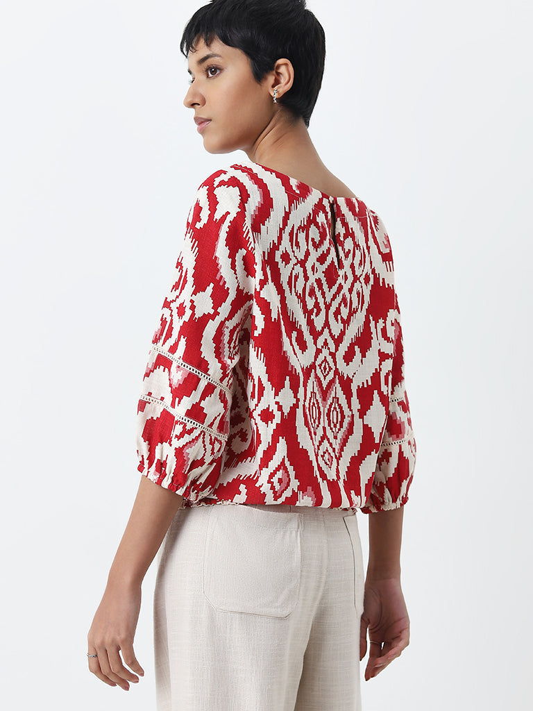 LOV Red Ikat Printed Blended Linen Top