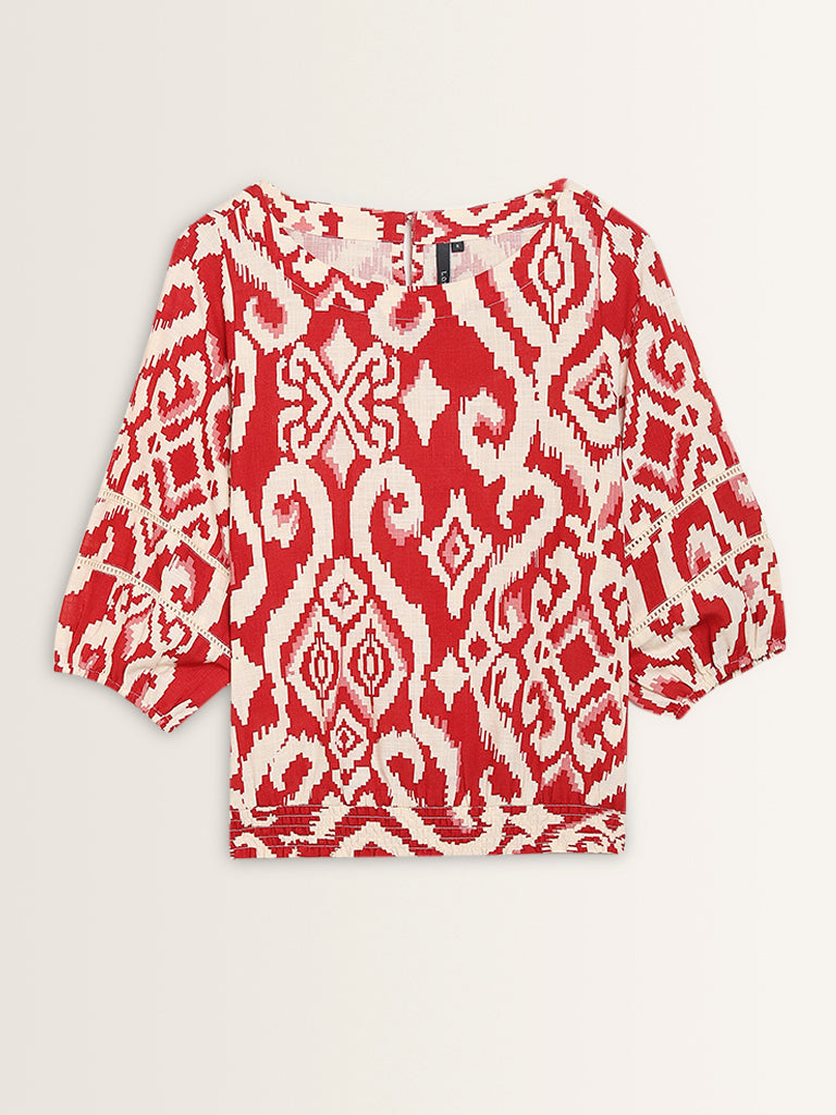 LOV Red Ikat Printed Blended Linen Top