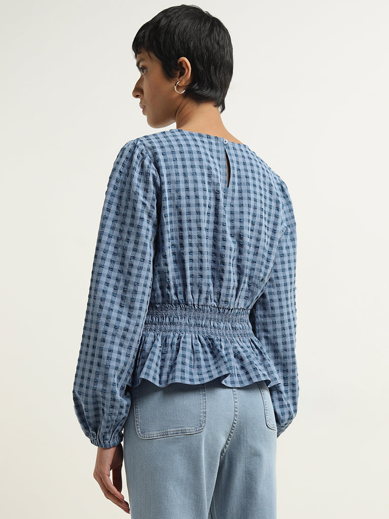 LOV Blue Gingham Checkered Peplum Top