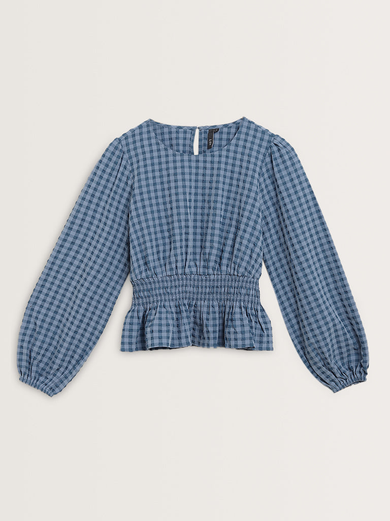 LOV Blue Gingham Checkered Peplum Top