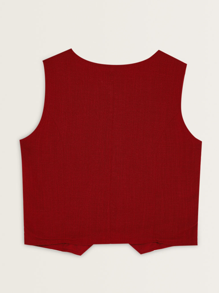 LOV Red Waistcoat-Style Blended Linen Top