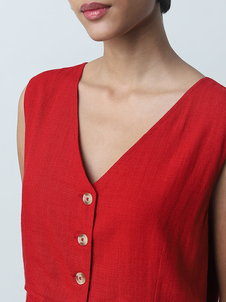 LOV Red Waistcoat-Style Blended Linen Top