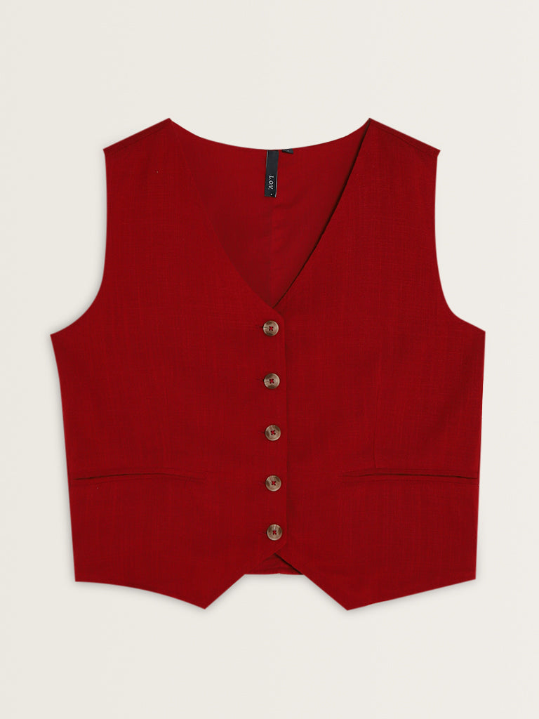 LOV Red Waistcoat-Style Blended Linen Top