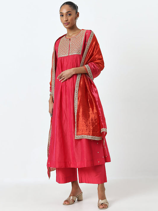 Vark Dark Pink Embroidered Kurta, Pants and Dupatta Set