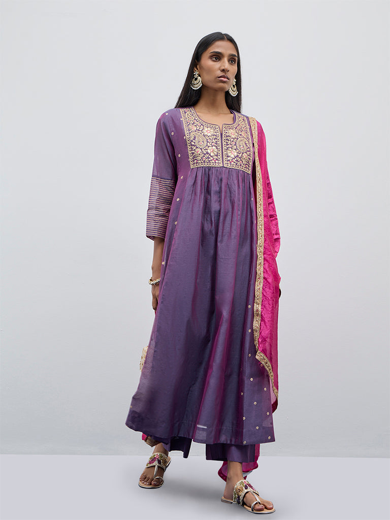 Vark Purple A-Line Kurta, Inner, Palazzos and Dupatta Set