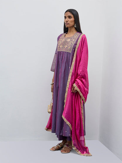 Vark Purple A-Line Kurta, Inner, Palazzos and Dupatta Set