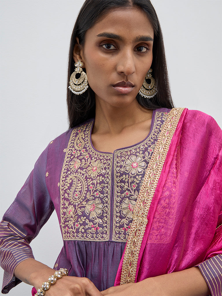 Vark Purple A-Line Kurta, Inner, Palazzos and Dupatta Set