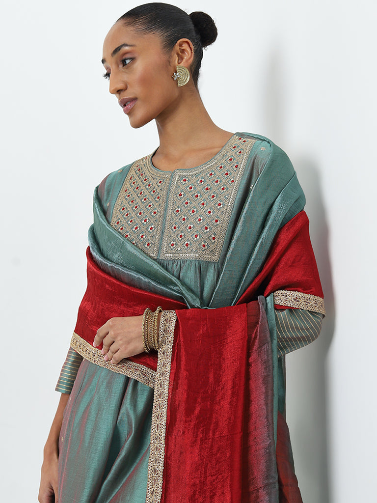 Vark Teal Embroidered Kurta, Ethnic Pants and Dupatta Set