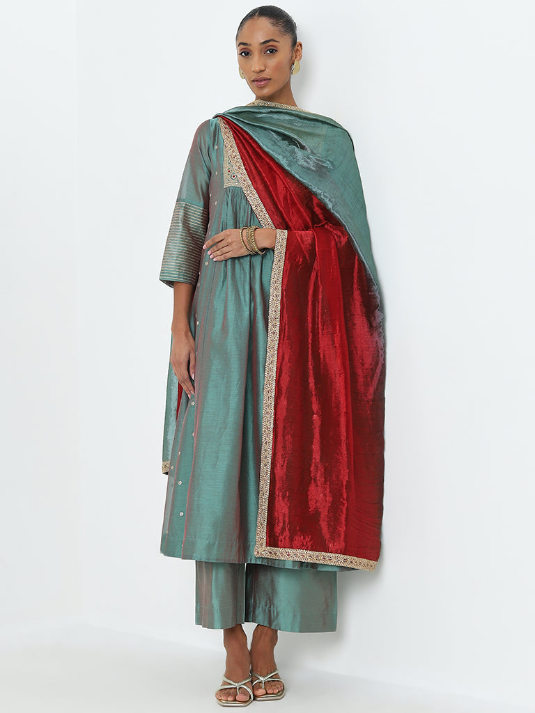 Vark Teal Embroidered Kurta, Ethnic Pants and Dupatta Set