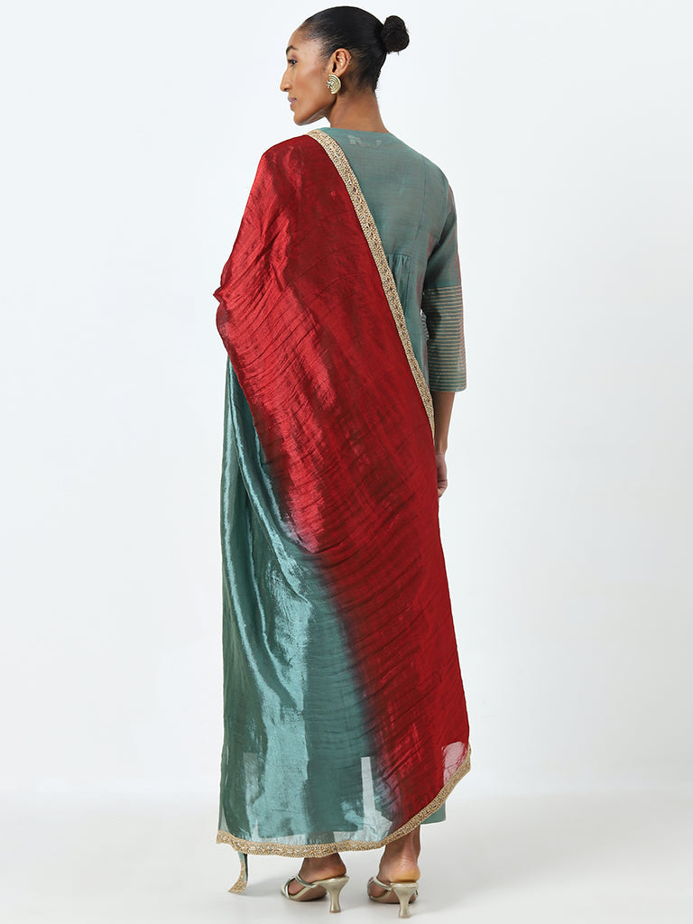 Vark Teal Embroidered Kurta, Ethnic Pants and Dupatta Set